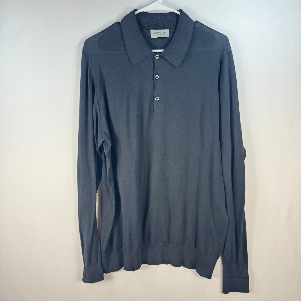 John Smedley Sea Island Cotton Long Sleeve Polo Shirt XL Made in England Black